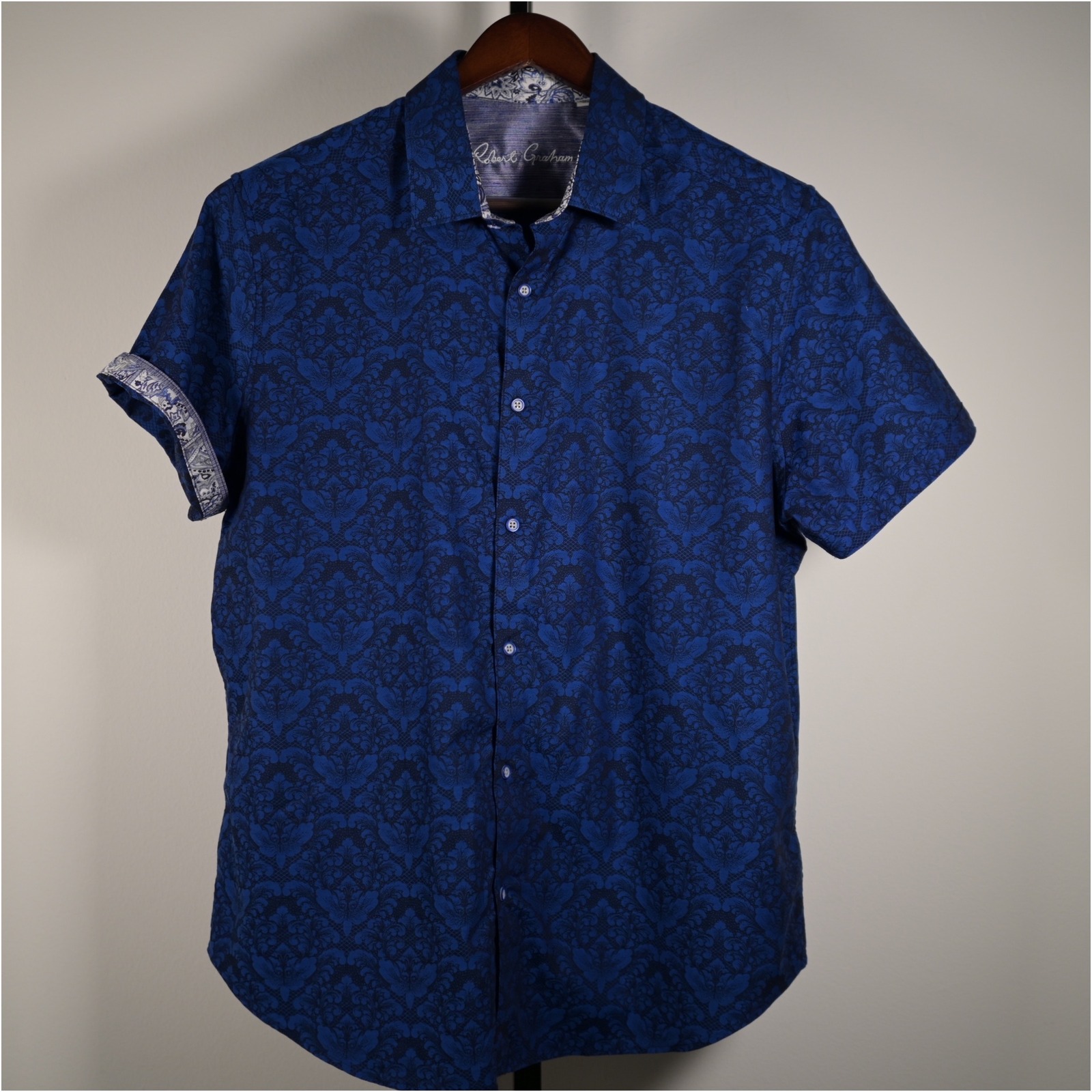 Robert Graham Mens 2xl Blue Damask Jacquard Short Sleeve Button Down Paisley